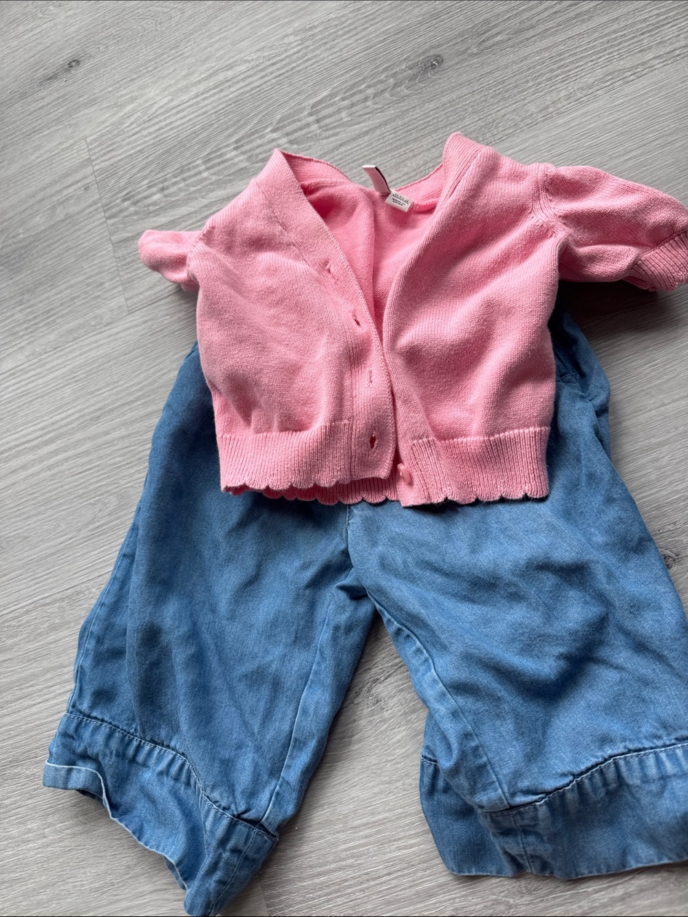 Jane & Jack Pink Scallop Edge Cardigan with Blue Denim-Style Pants